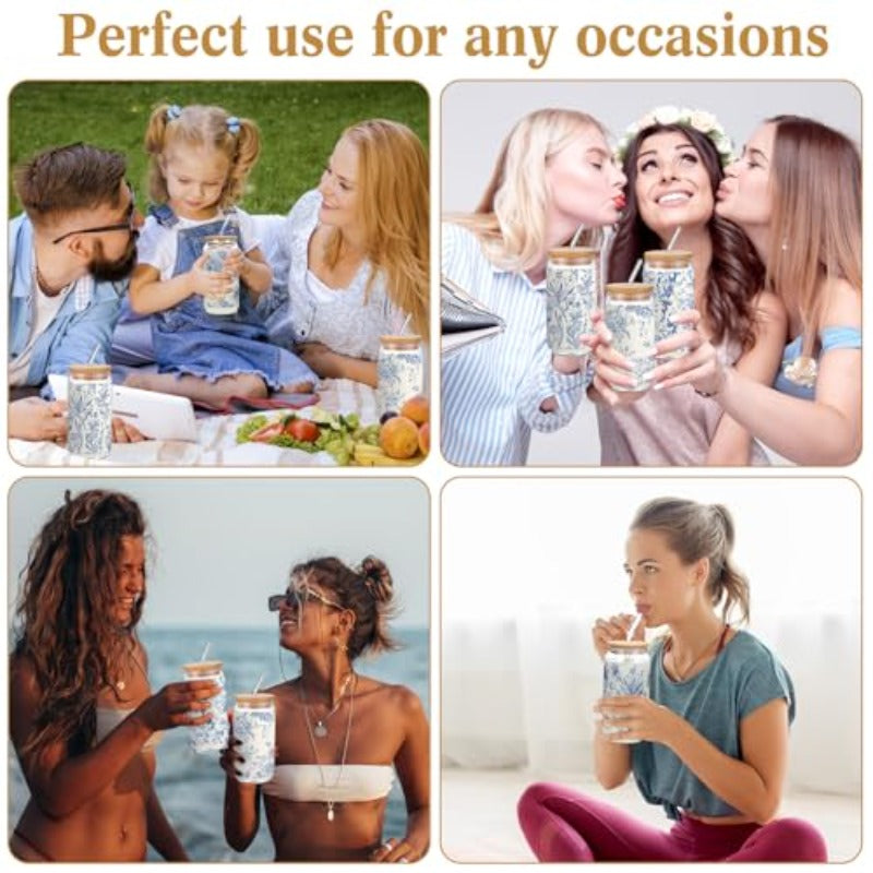 Cunhill 4 Set Glass Cups with Lids and Straws 16 oz Iced Coffee Cups with Lids Blue and White Flower Tumblers for Birthday Wedding Party Gifts Include 4 Cleaning Brushes