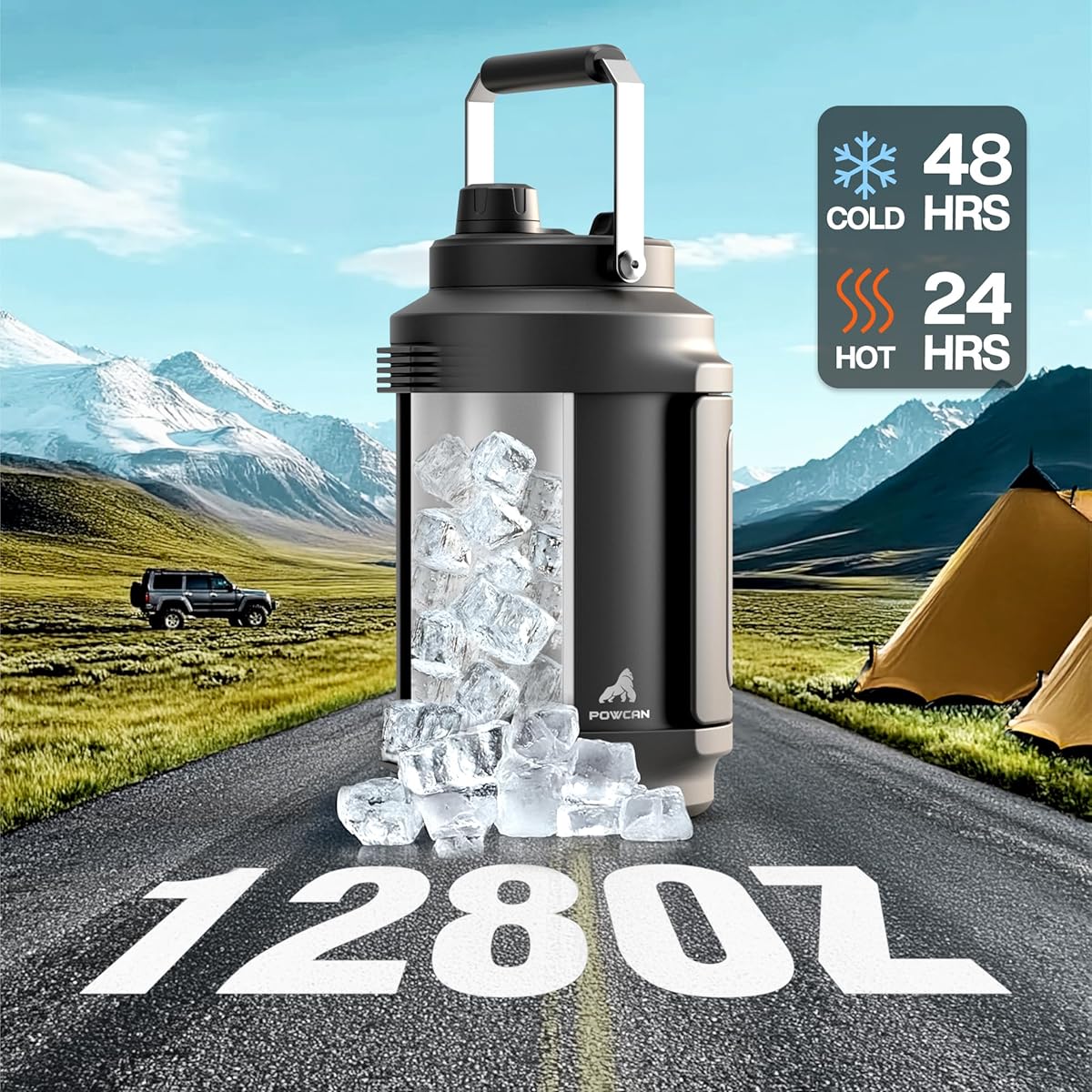 POWCAN 1 Gallon (128oz) Stainless Steel Insulated Water Bottle - 48H Hot\u002FCold Leakproof Insulated Bottle with Straw Lid & Dual Handle, Heavy-Duty 304 Grade Large Jug for Gym, Camping, Travel,, Work - -Roll Base, Wide Mouth Tumbler