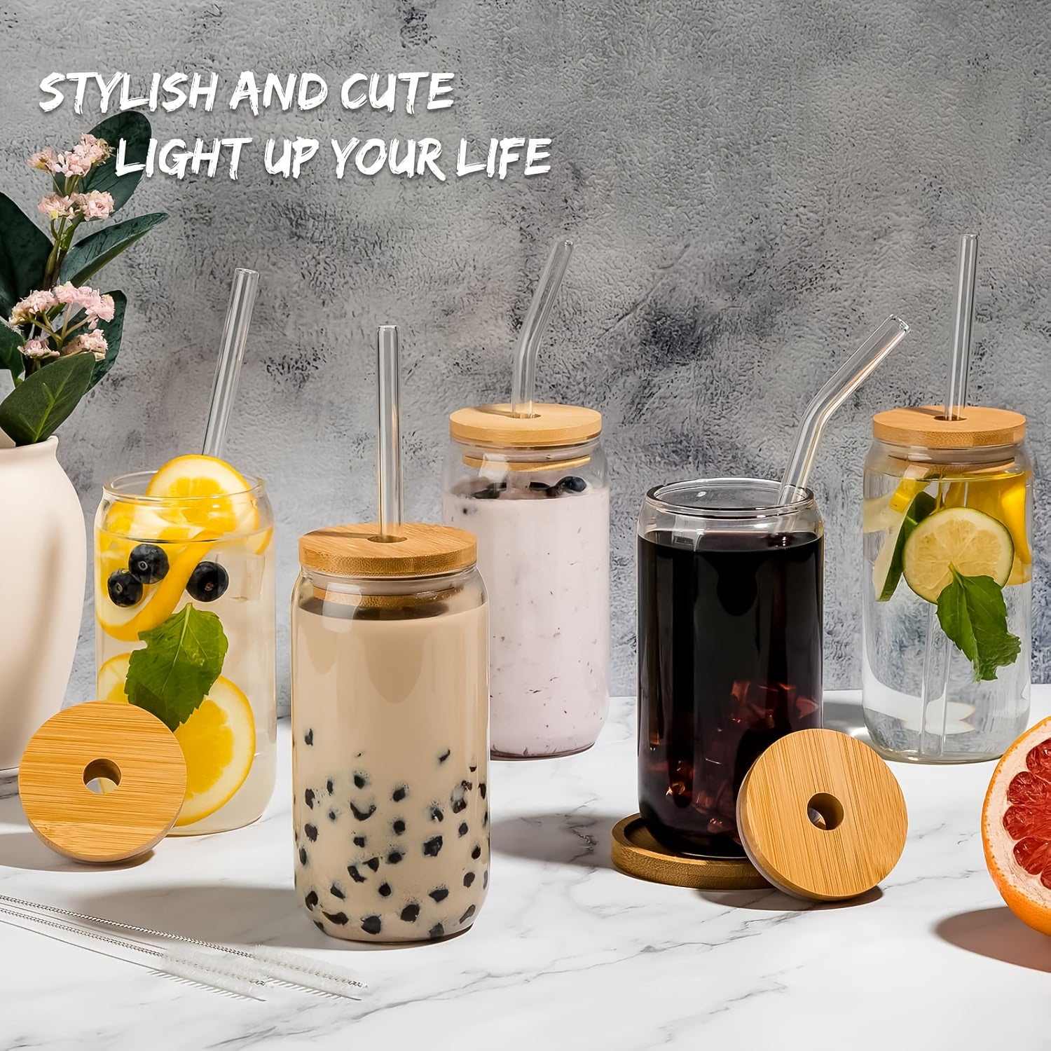 6pcs, 18.6oz\u002F550ml, Including Lid, Straw, Straw Brush Glass Cup Set. The Elegant Shape Of The Drinking Cup Is An Ideal Gift, And The Can Shaped Glass Cup Is Suitable for Any Beverage And Occasion