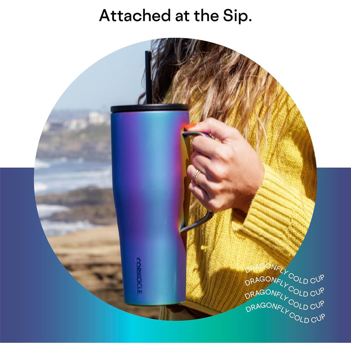 Corkcicle Cold Cup XL 30oz Insulated Tumbler with Handle, Straw & Lid - 12hr Cold Retention, Iridescent Iridescent Blue\u002FPurple\u002FPink\u002FPink Water Bottle, Cupholder Friendly Insulated Bottle, Alloy, Dishwasher (Reusable