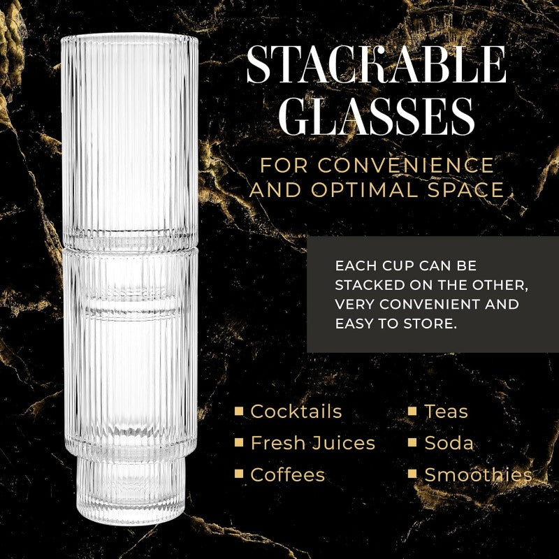 Ribbed Drinking Glasses Ribbed Glass Cups 12 oz Ribbed Glassware Set of 6 Textured Vintage Retro Ripple Aesthetic Glass Ware for Whiskey Cocktail Beer Water Coffee Bar Accessories